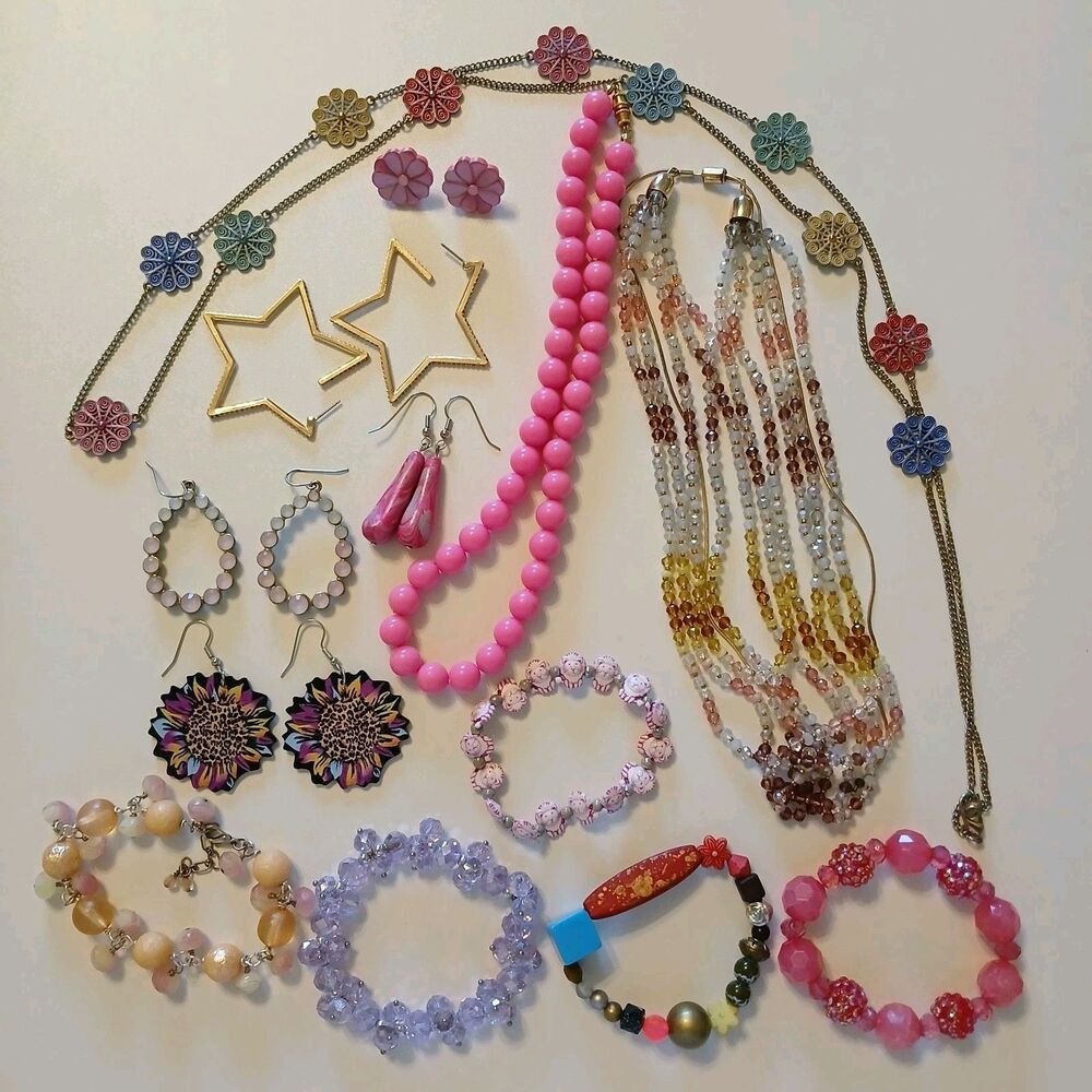 Y2K Aesthetic Kidcore Jewelry Lot 13pc Retro Whimsical Pink Beaded Star Floral